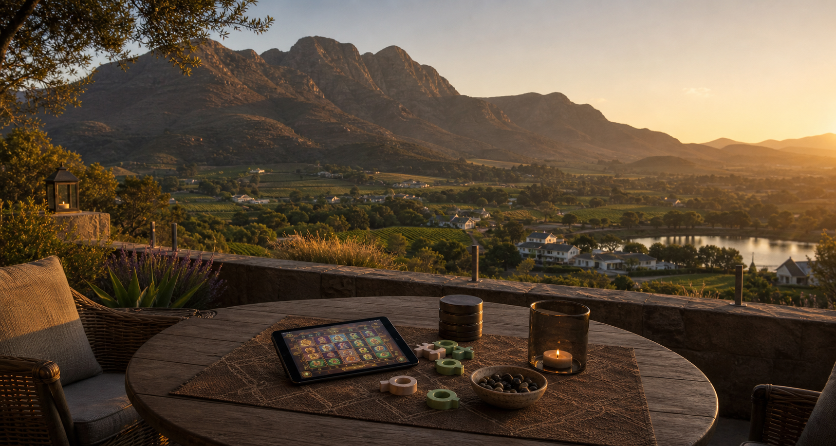 Sunset lounge scene with social casino tablet play